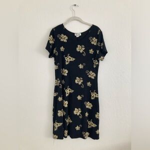 Vintage Esse Black Mini Dress Hawaiian Flower Print Butterfly Clingy Large